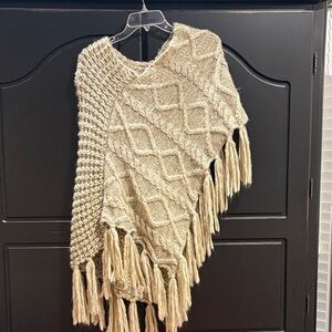 Demdaco Cream Knit Poncho with Fringe